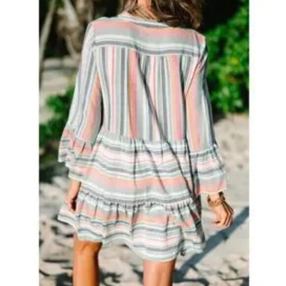 Entro Multicolor Striped Babydoll Mini Dress Size Small Boho Feminine Cotton - Picture 7 of 11